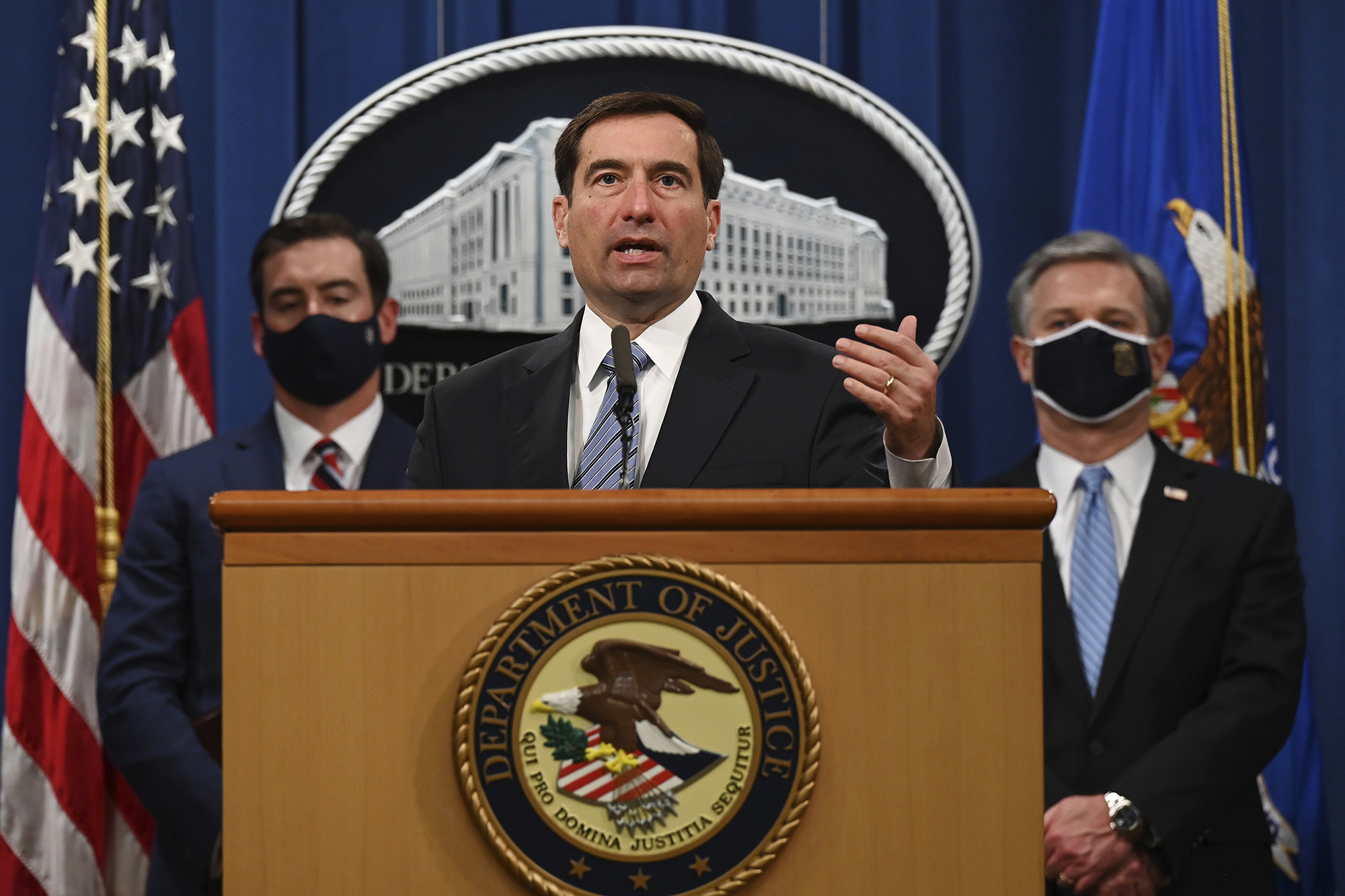 Assistant Attorney General of the National Security Division John Demers speaks during a press conference at the Department of Justice, Wednesday, Oct. 7, 2020, in Washington.